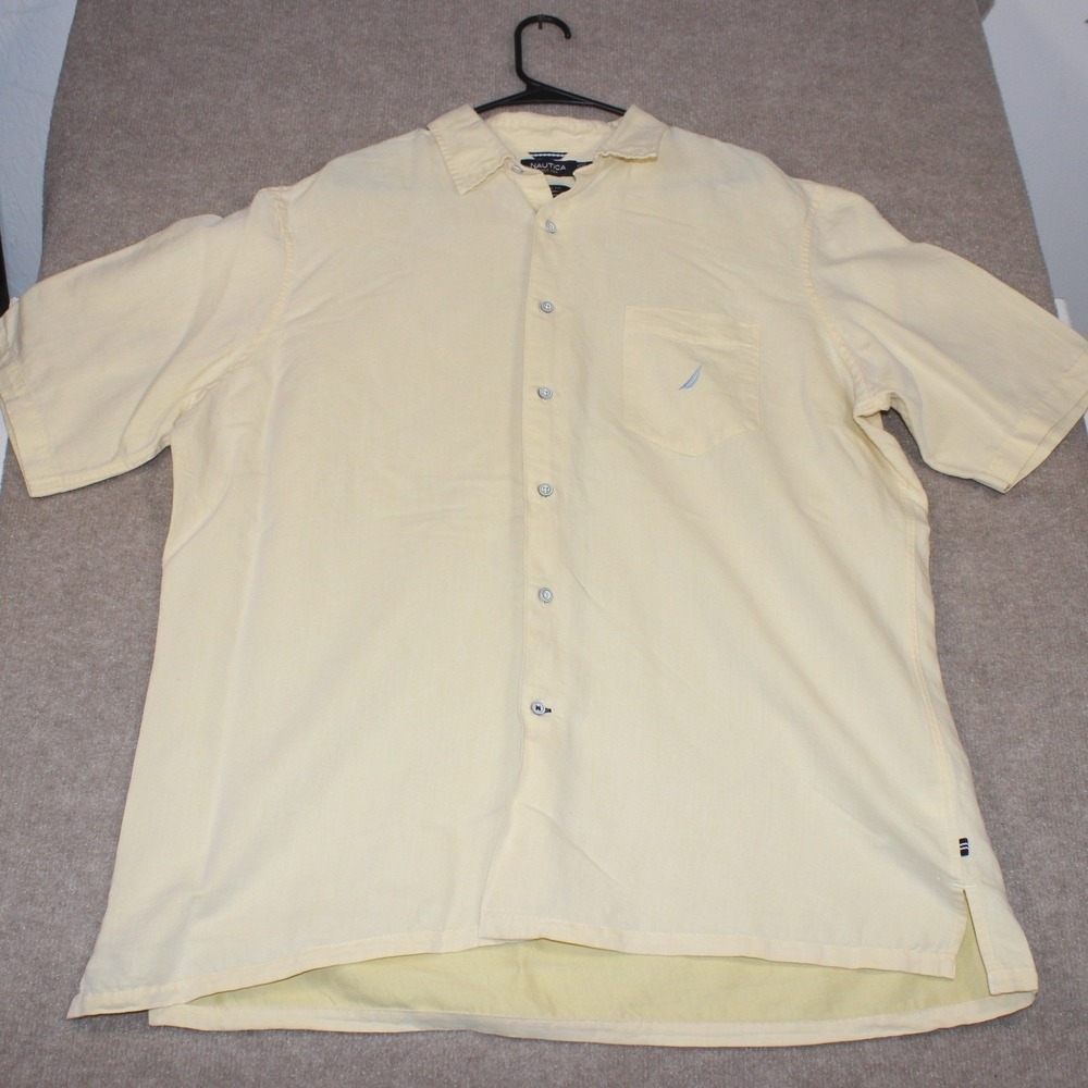 Nautica Mens XL Yellow Ramie Cotton Short Sleeve Button Up Classic Fit Shirt